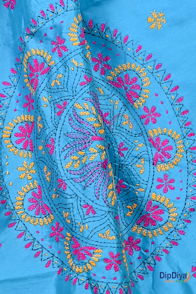 Sky Blue Cotton Blended Soumika Kantha Stitch Saree (593)